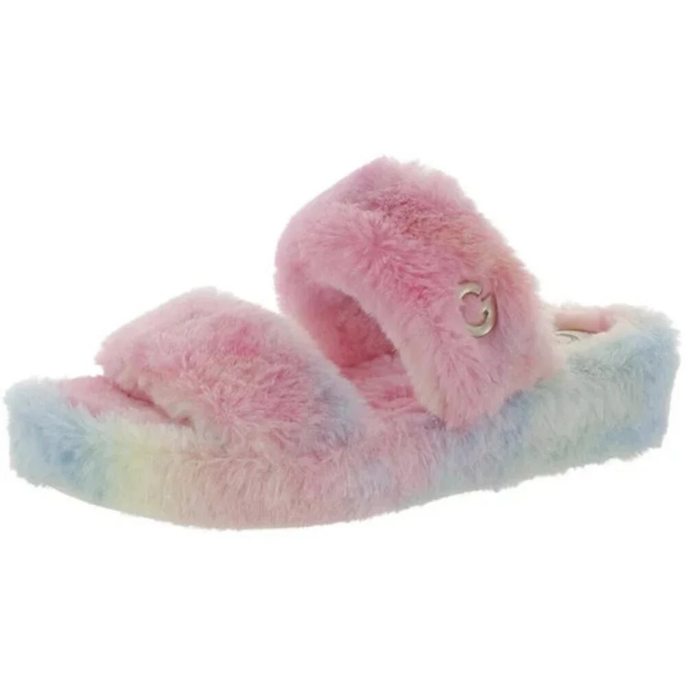 GBG Los Angeles Lennly Sandals Women 7.5 Pink Faux Fur Wedge Heel Slide JOBB1406